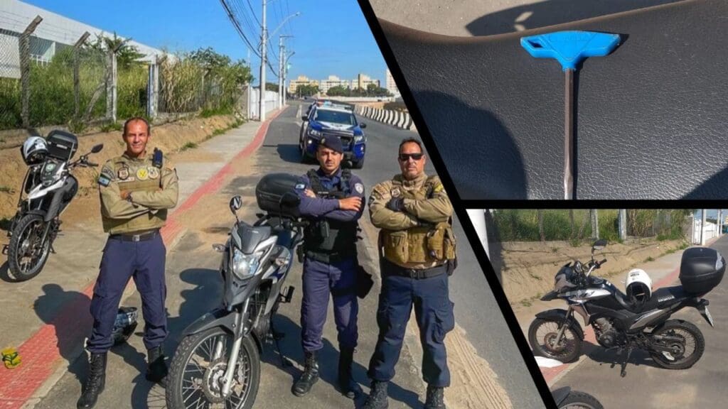 Arte com três imagens, na primeira posando para a foto 3 agentes sendo que dois fazem parte do Departamento de Operações de Trânsito (DOT), e um faz parte da Guarda da Serra (GCM), parados em pé ao lado de uma motocicleta estacionada, na segunda sobre um banco de uma motocicleta uma chave micha (item usado para arrombar e furtar motocicletas), e na terceira imagem a foto de uma motocicleta estacionada proximo a guia de uma calçada de uma avenida situada em Laranjeiras na Serra