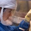 Cientista com máscara e luvas, manipulando uma amostra do virus de (H5N1) gripe aviaria com uma seringa em uma das mãos e na outra um ovo.