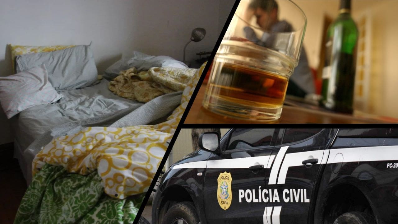 Arte com 3 imagens na primeira imagem uma cama de casal desarrumada, na segunda um homem com uma das mãos na cabeça sendo visto através de um copo de bebida, na terceira imagem uma viatura da Polícia Civil