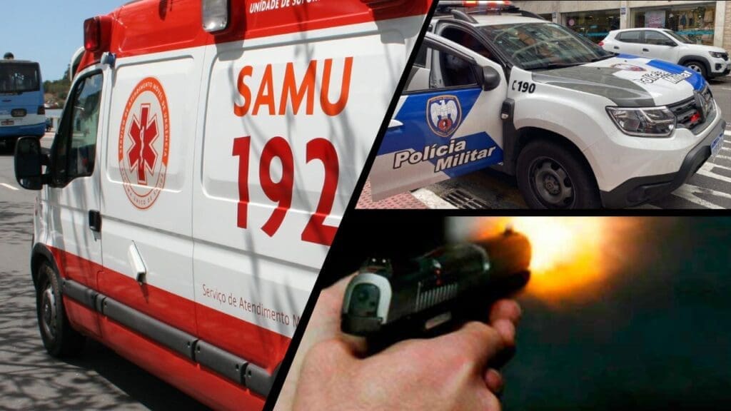 Arte com 3 imagens, na primeira uma ambulância do SAMU em uma via movimentada, na segunda imagem uma viatura da PM estacionada em uma rua, proximo a calçada com uma das postas abertas, e na terceira a imagem de um homem segurando uma pistola no momento do disparo, sendo possível ver o clarão do tiro