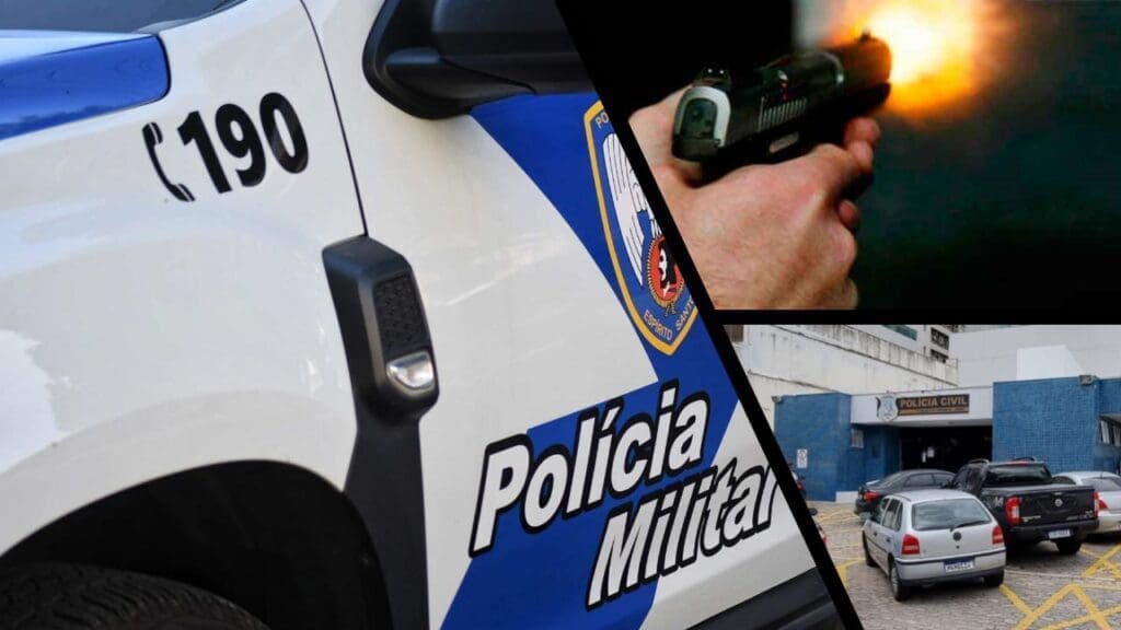 Arte com 3 imagens, na primeira uma viatura da PM com a imagem focada na porta com o nome Polícia Militar, na segunda imagem um homem segurando uma pistola no momento do disparo, sendo possível ver o clarão do tiro e na terceira a entrada da sede da 3ª Delegacia Regional da Serra