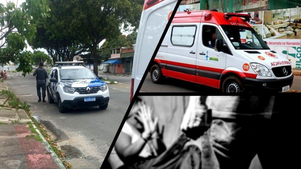 Arte com 3 imagens, na primeira uma viatura da PM, e um pouco a frente uma ambulância do SAMU, na segunda imagem uma ambulância do SAMU estacionada em uma via, e na terceira a encenação de um homem segurando uma faca e ao uma mulher sentada com as mãos levantadas tentando se defender da agressão