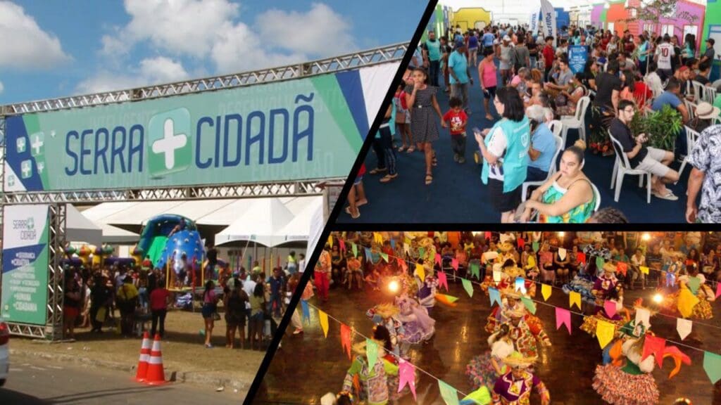 Arte com 3 imagens na primeira a estrutura de feita para ser o arco de entrada para o evento Serra mais Cidadã, na segunda imagem dezenas de pessoas sendo atendidas em estruturas montadas dentro do evento, e na terceira um arraial de festa junina com pessoas dançando quadrilha