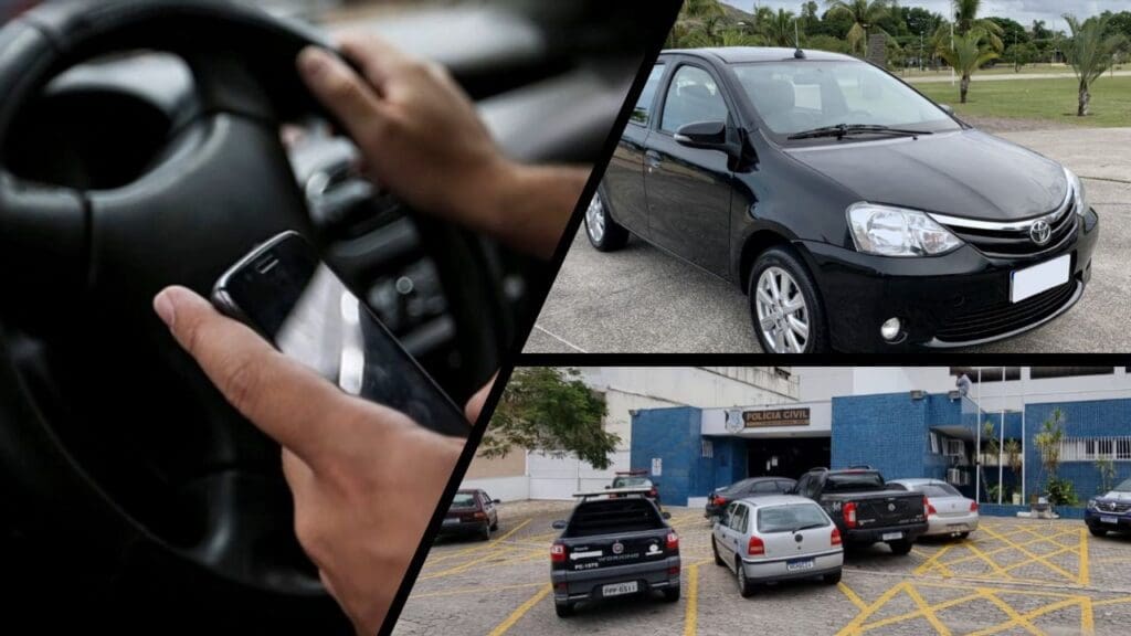 Arte com 3 imagens na primeira a imagem de um motorista de aplicativo com uma mão no volante e outra no celular, na segunda imagem a foto de um veículo Toyota Etios parado em um local com uma linda vegetação ao fundo, e na terceira a entrada da sede da 3ª Delegacia Regional da Serra