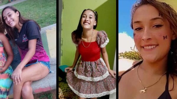 Arte com 3 imagens com a foto de uma adolescente de 16 anos desaparecida na cidade da Serra