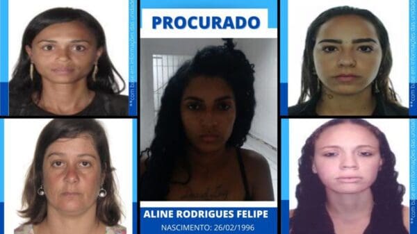 Arte com a imagens de 5 mulheres com mandado de prisão em aberto, a Policia Civil divulgou as imagens com intuito de que a população ajude a encontra-las