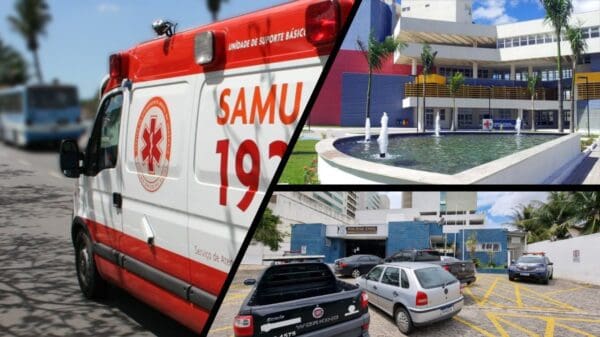 Arte com 3 imagens na primeira uma ambulancia do SAMU, na segunda a fachada do hospital Jayme dos santos Neves e na terceira imagem a entrada da 3ª Delegacia da Serra