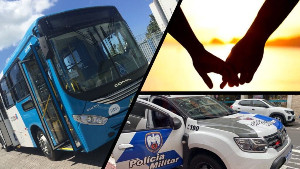 Arte 3 imagens, na primeira imagem um ônibus do sistema Transcol, estacionado em uma garagem com mais alguns ônibus em volta, na segunda imagem um casal de mãos dadas, e ao fundo um dia ensolarado, e na terceira imagem uma viatura da Policia Militar estacionada, proxima a uma calcada com uma das portas abertas