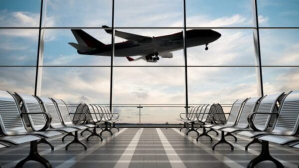 Sala de aeroporto vazia e avião passando na janela
