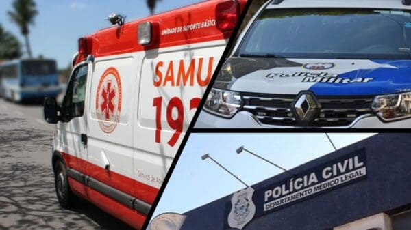 Arte com 3 imagens na primeira Imagem uma ambulância do SAMU estacionada em uma via movimentada, na segunda imagem uma viatura da PM, e na terceira imagem a fachada do Departamento Médico Legal