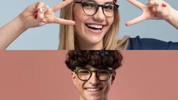 Montagem de fotos de várias pessoas usando óculos