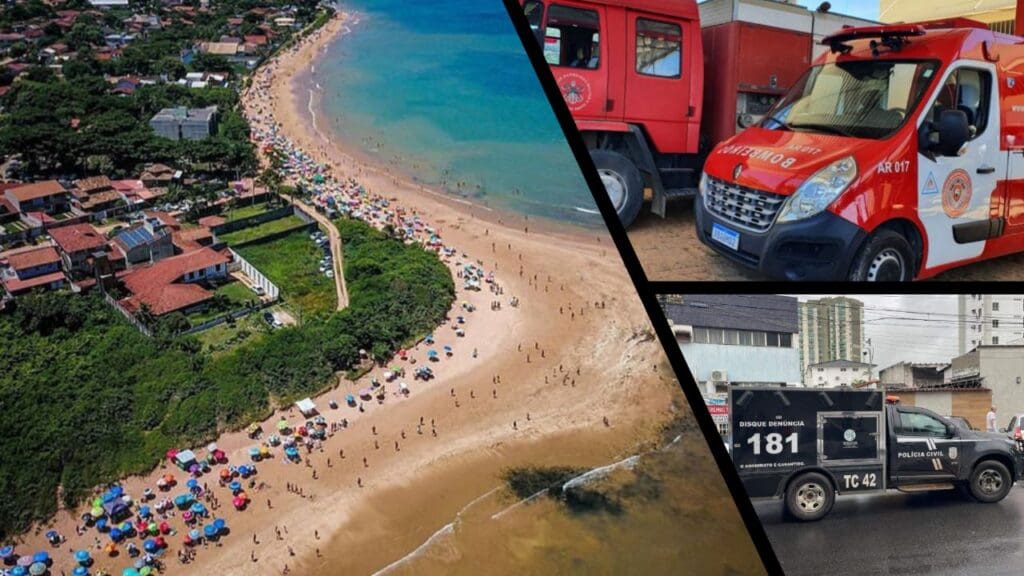 Arte com 3 imagens na primeira à vista aérea da Praia Ponta dos Fachos, na segunda imagem duas viaturas do Corpo de Bombeiro estacionadas em um patio, e na terceira imagem a entrada da sede do Departamento Médico Legal de Vitória (DML).