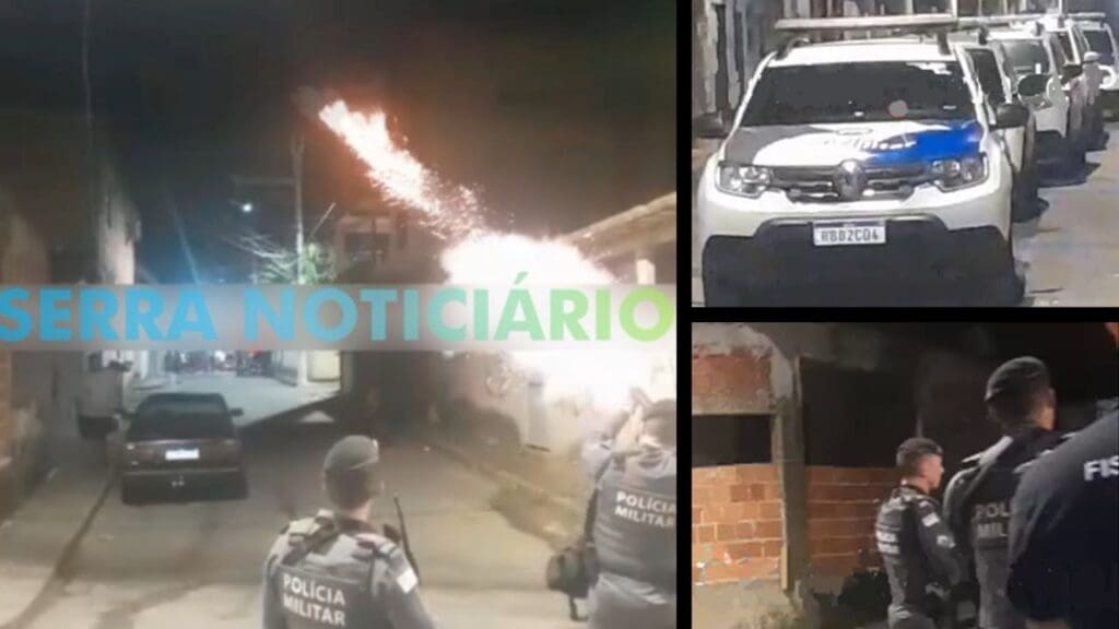 Arte com 3 imagens, na primeira imagem dois policiais militares, um deles atirando uma bomba de efeito moral, na segunda imagem 6 viaturas da PM estacionadas em uma rua onde estava ocorrendo um baile clandestino, na terceira imagem policiais militares em uma esquina proximo ao baile clandestino.