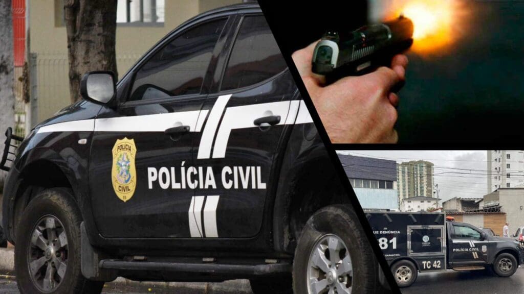 Arte com 3 imagens na primeira uma viatura da Polícia Civil, na segunda imagem um homem atirando com uma pistola 9mm, e na terceira a entrada do Departamento Médico Legal de Vitória.