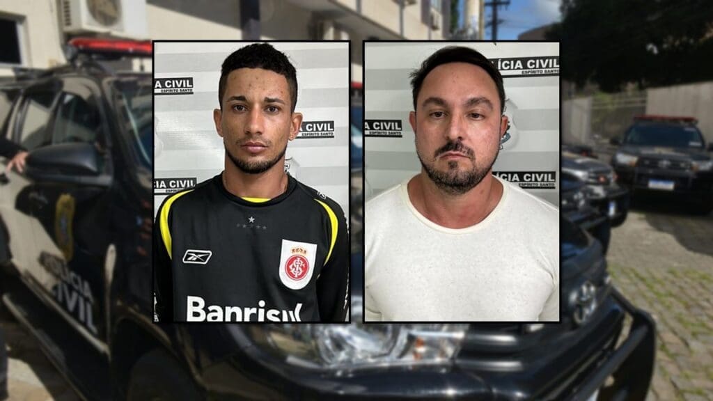 Arte com a paisagem de uma viatura da Polícia Civil desfocada e centralizada a foto de dois homens que foram detidos