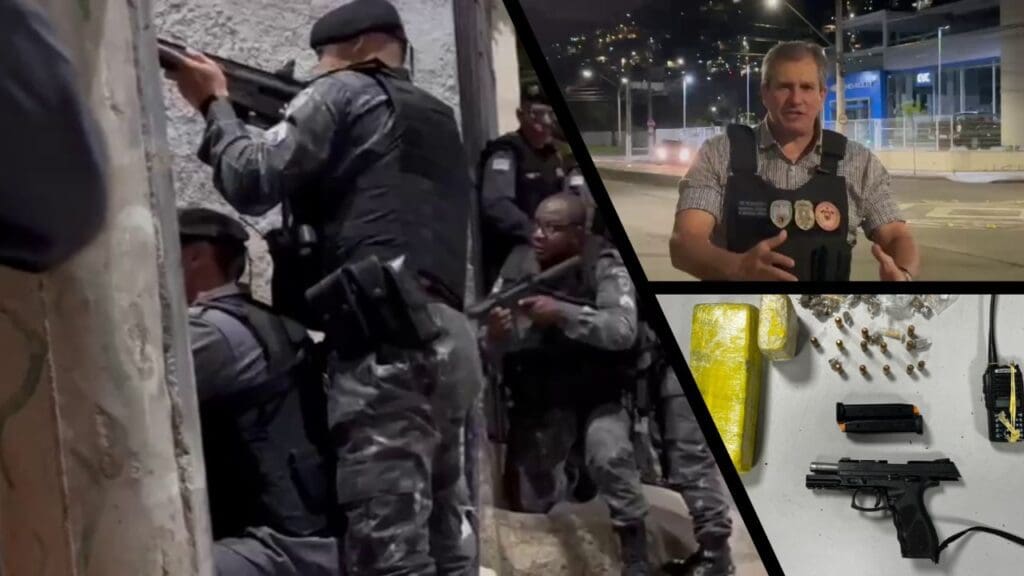 Arte com 3 imagens na primeira 6 policiais militares em frente a uma escadaria apontando armas para o morro, na segunda imagem do secretário de Estado da Segurança Pública e Defesa Social, coronel Alexandre Ramalho, falando sobre as ações da PM no morro e na terceira imagem uma pistola um tijolo de maconha algumas munições e outras buchas de maconhas espalhadas sobre uma mesa branca