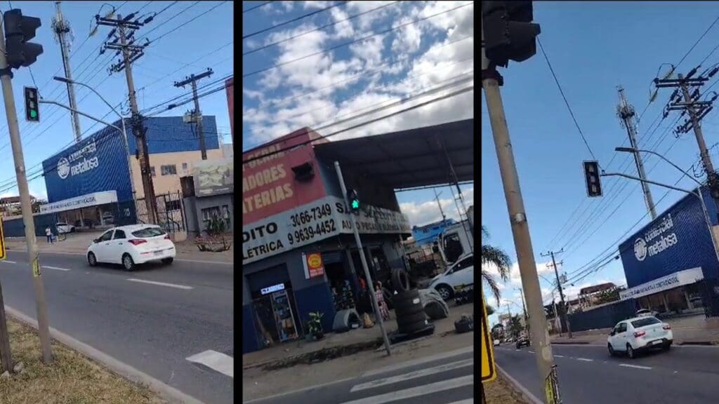 Arte com 3 imagens de um semáforo com defeito na região de Valparaiso na rodovia BR-101