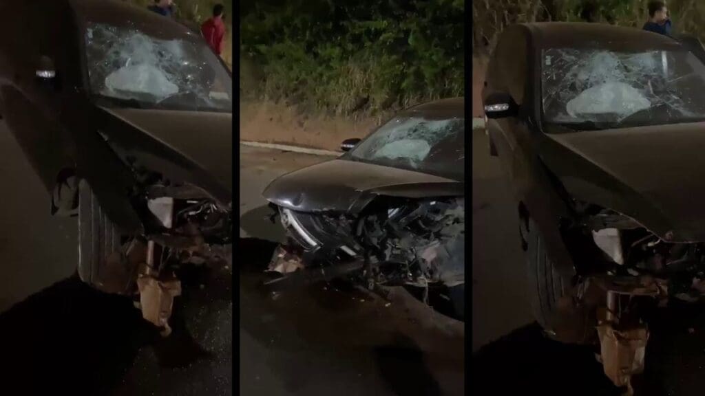 3 fotos de um veículo modelo Hyundai I30, que colidiu de frente contra um barranco em uma avenida de Serra Dourada I