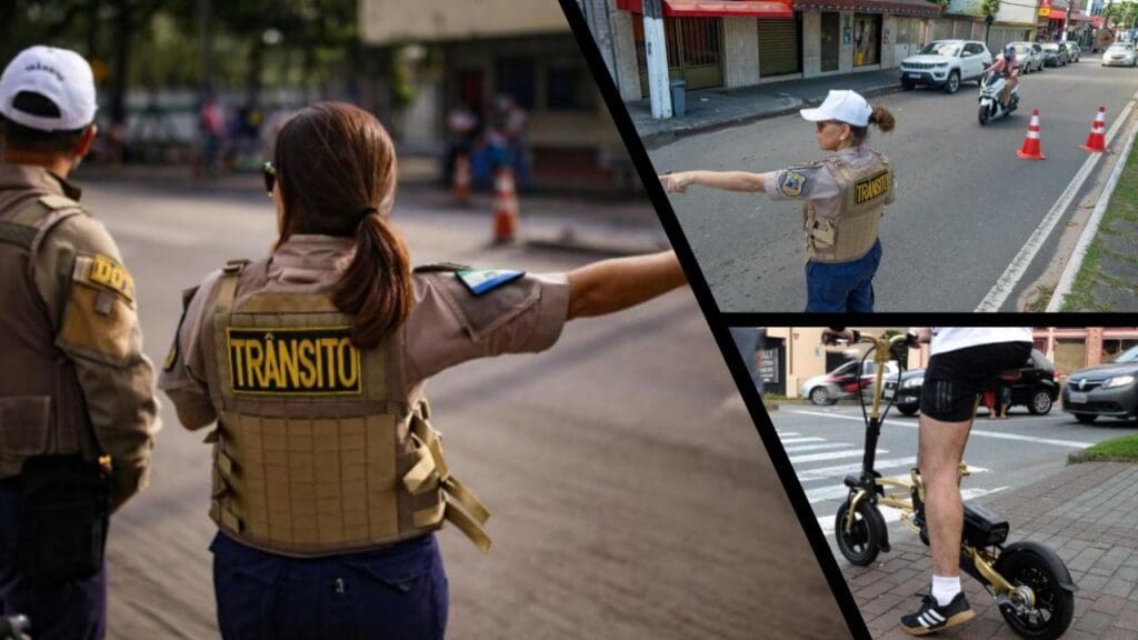 Arte com 3 imagens, nas duas primeiras agentes do DOT realizando, fiscalizações em ruas da Serra, e na terceira um homem montado em um patinete motorizado.