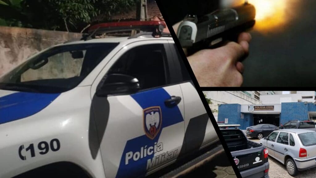 Arte com 3 imagens na primeira imagem uma viatura da Polícia Militar, na segunda imagem um homem disparando uma pistola, e na terceira imagam a entrada da 3ª Delegacia da Serra