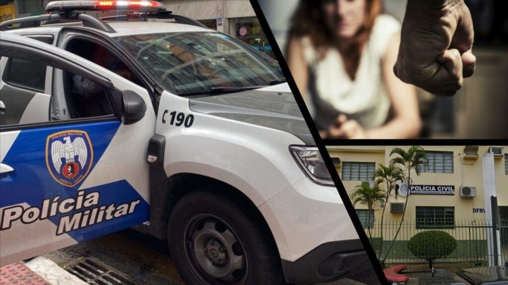 Arte com 3 imagens na primeira imagem, na primeira uma viatura, estacionada em uma rua com uma das portas paradas, na segunda imagem uma mulher sentada ao fundo com a imagem desfocada e em destaque a mão de um homem fechada, simulando uma agressão, e na terceira imagem a entrada da sede da PEM, Plantão Especializado em atendimento a mulheres .