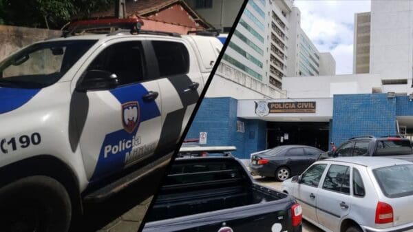 Arte com 2 imagens na primeira uma viatura da Policia Militar estacionada em um rua, e na segunda imagem a entrada da 3ª Delegacia Regional da Serra