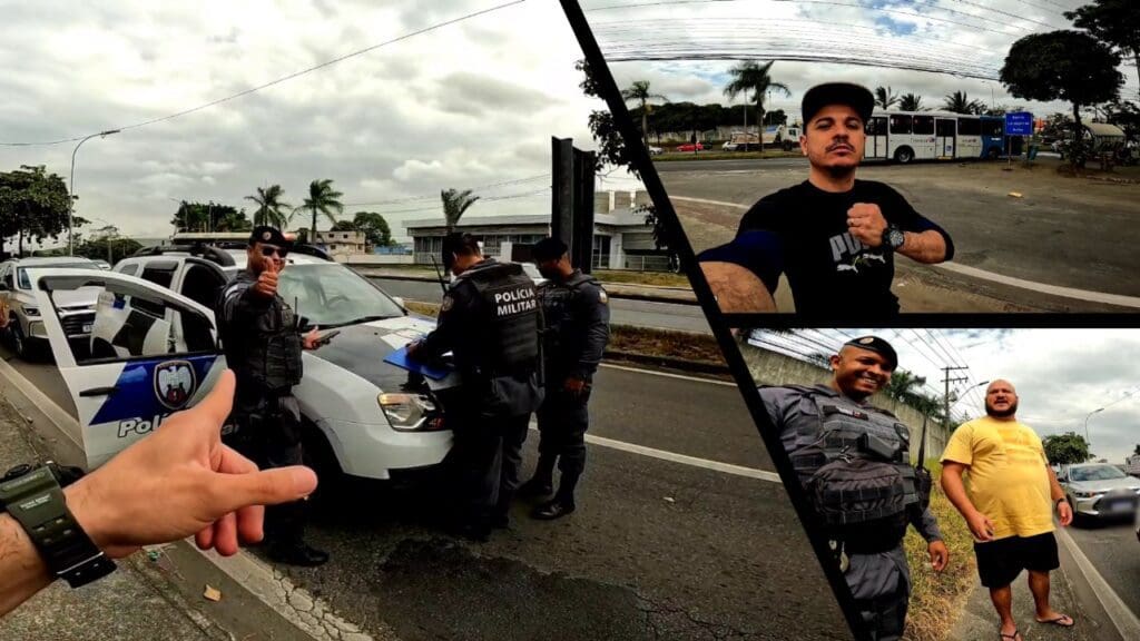 Arte com 3 imagens na primeira imagem em uma via movimentada, uma viatura, estacionada com dois militares encostada realizando a ocorrência, na segunda o agente da GCM Chabudé, e na terceira imagem um soldado da PM com a vítima do furto ao lado