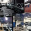 Arte com 4 imagens de um incendio que destruiu um galpão que servia para guardar ambulâncias da Prefeitura da Serra, na imagem vários veículos foram destruuidos pelo incendio