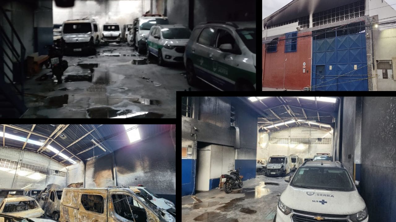 Arte com 4 imagens de um incendio que destruiu um galpão que servia para guardar ambulâncias da Prefeitura da Serra, na imagem vários veículos foram destruuidos pelo incendio