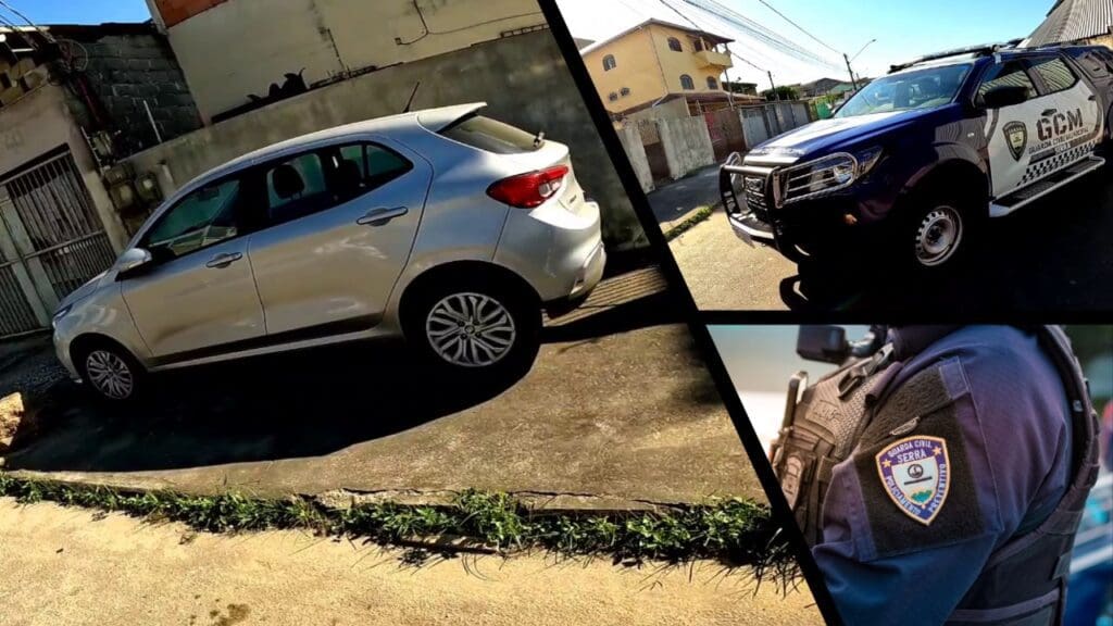 Arte com 3 imagens na primeira imagem um veículo Fiat Argo, estacionado em uma rua residencial, na segunda imagem uma viatura da Guarda da Serra, e na terceira um agente ga Guarda da Serra, com o destaque a parte do busto com o foco no braço onde fica o emblema da intituição