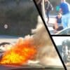 Arte com 3 imagens na primeira uma motocicleta em chamas caída no chão após acidente na BR-101, na segunda e terceira imagem a vítima um motociclista, deitado na pista, rodeado por pessoas tentando prestar os primeiros socorros