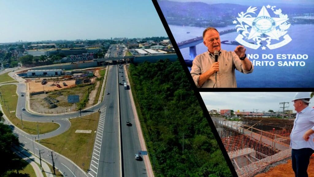 Arte com 3 imagens, na primeira à vista aérea do viaduto, na segunda imagem o Governador Renato Casagrande discursando, e na terceira imagem o governador Casagrande ao lado de uma obra.