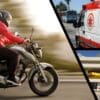 Arte com 3 imagens, na primeira uma motocicleta trafegando por uma via com o motoqueiro com uma mochila de entrega, na segunda imagem uma ambulância do Samu, e na terceira imagem um a foto panorâmica do hospital Jayme dos Santos Neves.