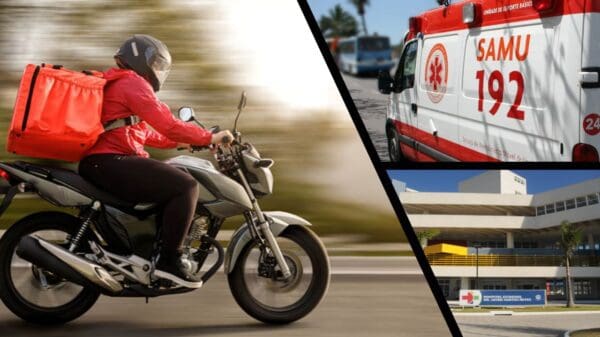 Arte com 3 imagens, na primeira uma motocicleta trafegando por uma via com o motoqueiro com uma mochila de entrega, na segunda imagem uma ambulância do Samu, e na terceira imagem um a foto panorâmica do hospital Jayme dos Santos Neves.