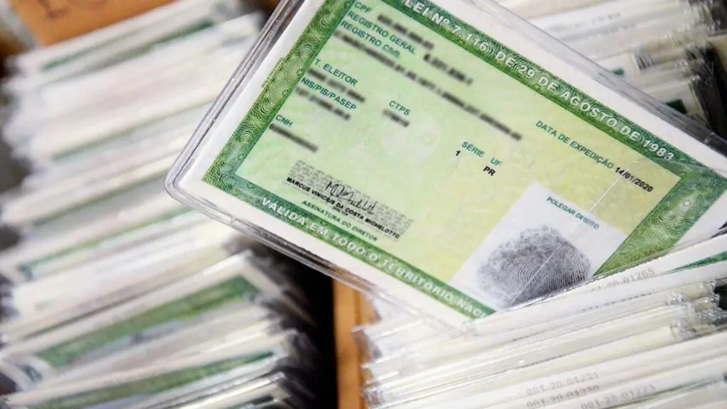 centenas de carteiras de identidade organizadas dentro de caixas e alinhadas com somente uma mais elevada mostrando as costas do documento