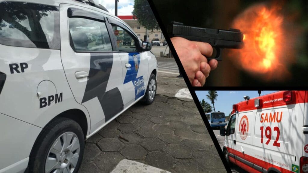 Arte com três imagens, na primeira imagem de uma viatura da PM estacionada em uma rua movimentada, na segunda imagem um homem atirando com uma pistola e na terceira imagem uma ambulância do SAMU.