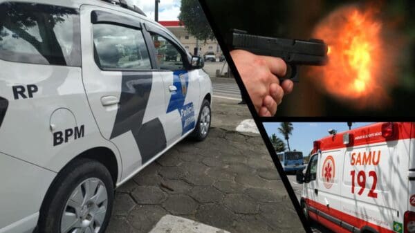 Arte com três imagens, na primeira imagem de uma viatura da PM estacionada em uma rua movimentada, na segunda imagem um homem atirando com uma pistola e na terceira imagem uma ambulância do SAMU.