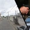 Arte com três imagens, na primeira imagem uma rua residencial com alguns veículos estacionados, na segunda imagem um homem com uma pistola na mão atirando e na terceira imagem uma viatura da PM estacionada.