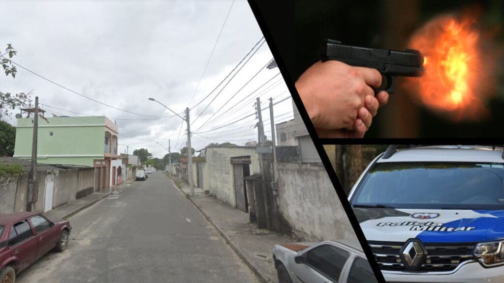 Arte com três imagens, na primeira imagem uma rua residencial com alguns veículos estacionados, na segunda imagem um homem com uma pistola na mão atirando e na terceira imagem uma viatura da PM estacionada.