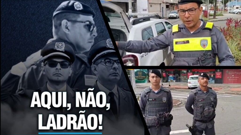 Arte com três imagens, na primeira imagem, uma arte com fotos do sargento Mauricio, com uma legenda com os dizeres: Aqui, não, Ladrão! na segunda imagem o Sargento Mauricio Sousa ao lado de uma viatura apontando para o lado esquerdo, e na terceira imagem dois militares parados ao lado de uma viatura da PM