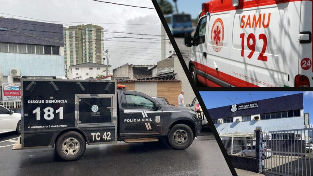 Arte com três imagens, na primeira imagem, um veículo usado para recolher corpos e levá-los para o Departamento Médico Legal, conhecido vulgarmente como rabecão, na segunda imagem uma ambulância do SAMU estacionada em uma rua tranquila, e na terceira imagem a entrada do Departamento Médico Legal de Vitoria.