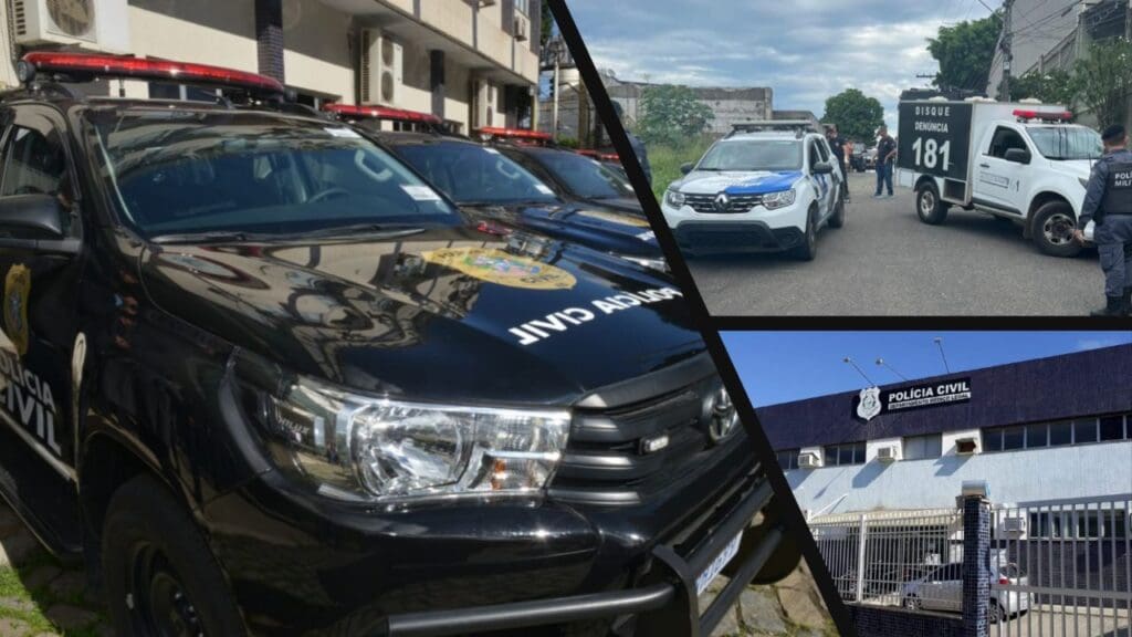 Arte com três imagens, na primeira imagem, 3 viaturas da Polícia Civil, estacionadas em frente à Delegacia na segunda imagem viaturas da Polícia Militar estacionadas ao lado de um terreno junto com um veículo da Polícia Civil que serve para transportar corpos para o Departamento Médico Legal de Vitória (DML) e na terceira imagem a sede do Departamento Médico Legal de Vitória (DML).