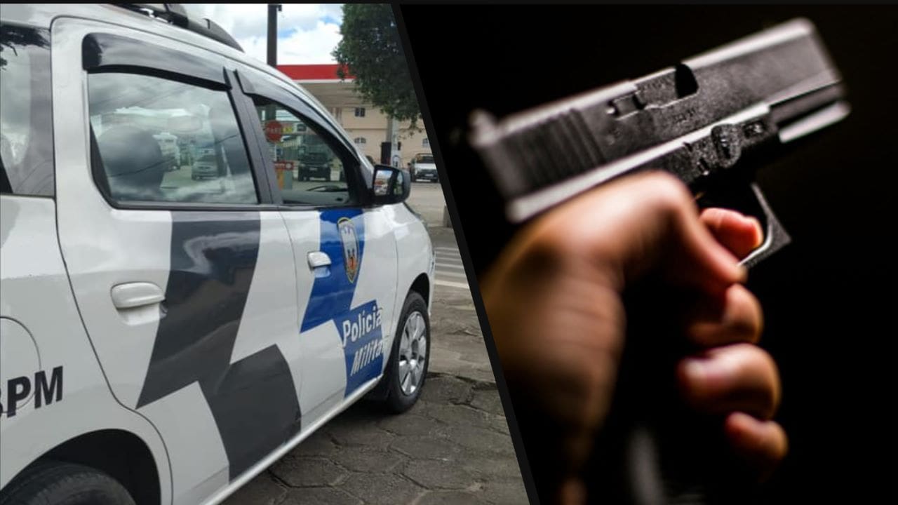 Arte com duas fotos na primeira uma viatura da Policia Militar estacionada em uma rua, e na segunda imagem um homem segundo uma pistola.