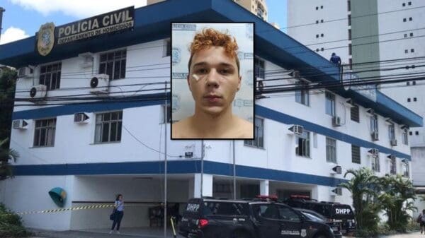 Foto da sede da DHPP de Vitória com a foto do homem acusado de assassinar um empresario de Vitória.