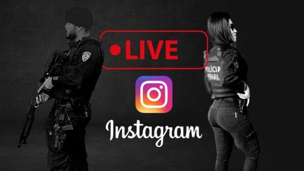 Arte promocional de uma live do Instagram, onde ha um agente da Guarda da Serra de costas para uma agente penal e entre eles algumas legendas, Live, símbolo do Instagram e por ultimo a Instagram