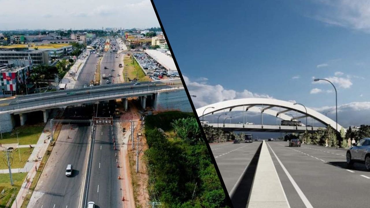 Arte com 2 imagens na primeira imagem à vista aérea do viaduto de carapina, e na segunda imagem a arte conceitual do viaduto que seria projetado com arcos.
