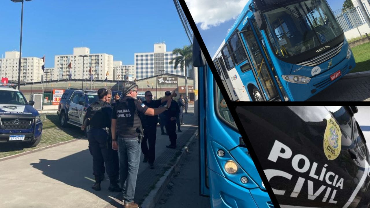 Arte com três imagens, na primeira imagem agentes da Polícia Civil e agentes da Guarda da Serra, realizando buscas em ônibus, na segunda imagem um ônibus estacionado, e na terceira imagem uma viatura da Policia Civil.