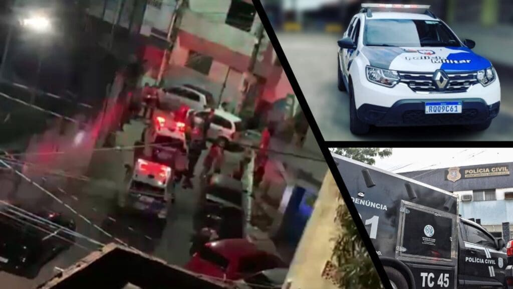 Arte com três imagens, viaturas da PM paradas em um beco, na segunda imagem a viatura da PM estacionada, e na terceira imagem o rabecão da Polícia Civil, em frente DML.