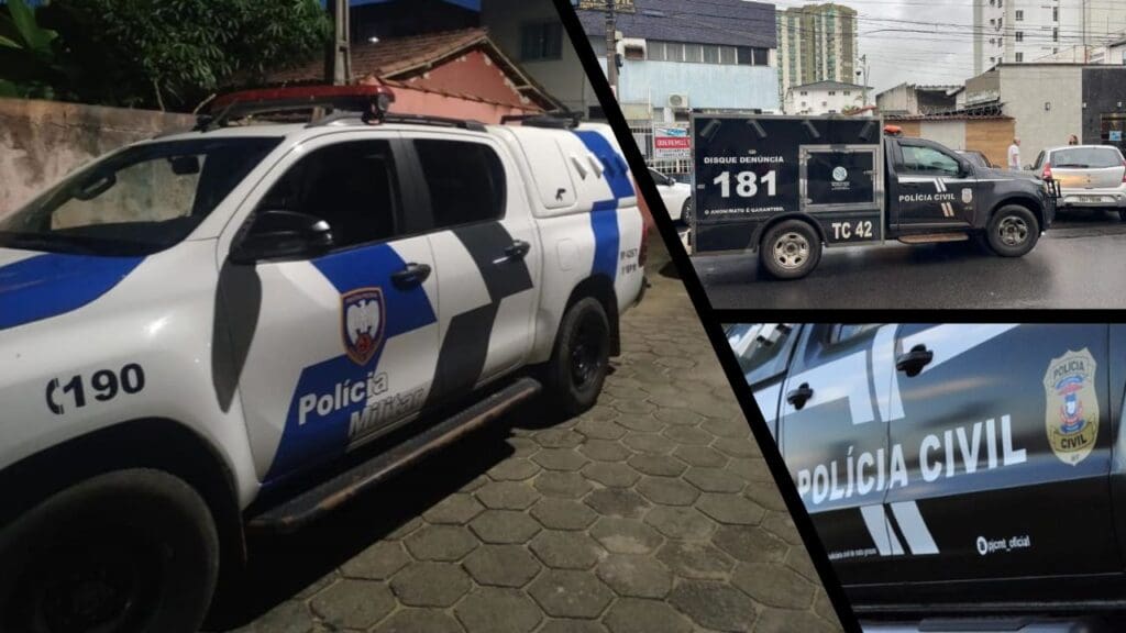 Arte com três imagens na primeira imagem uma viatura da PM estacionada em um rua residencial, na segunda imagem o veículo responsável em transportar corpos para o Departamento Médico de Legal de Vitoria, e na terceira imagem uma viatura da Policia Civil.