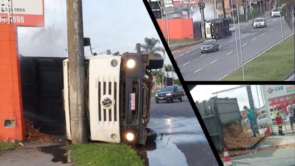 Arte com três imagens, na primeira imagem uma carreta tombada em uma avenida, batida em um poste bem na área do para-brisa, na segunda imagem foto de uma câmera de segurança distante mostrando a carreta, e na terceira imagem da caçamba do veículo com os materiais que estavam dentro do compartimento de carga caídos na pista.